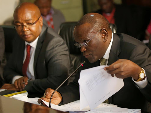Health CS Cleopa Mailu and PS Nicholas Muraguri appear before the Parliamentary Health committee that investigated the alleged theft of Sh5.3 billion from the ministry, November 10, 2016. /JACK OWUOR