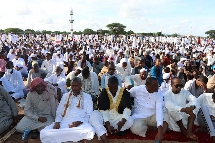 Muslim worshippers gather at Rtd General Mohmaud Idd grounds in Garissa for Idd prayers