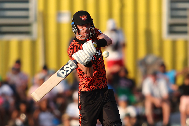 Sunrisers EC allrounder Marco Jansen pulls a delivery for six against the Paarl Royals on February 2, 2024.