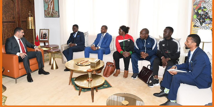 Moroccan Minister for Youth, Culture & Communication Mehdi Bensaid in a brief meeting with the Ministry of Youth Affairs, Sports and Arts Cabinet Secretary Ababu Namwamba and his colleagues on March 6, 2024.