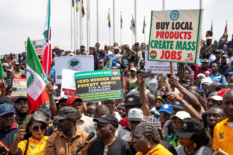Nigerian union members protest against the high cost of living, in Abuja, Nigeria, February 27 2024. Picture: MARVELLOUS DUROWAIYE/REUTERS