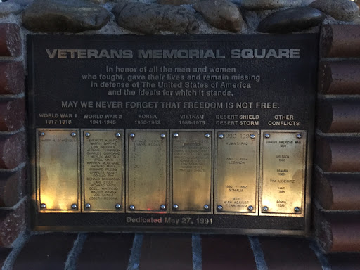 VETERANS MEMORIAL SQUARE  In honor of all the men and women who fought, gave their lives and remain missing in defense of the The United States of America and the ideals for which it stands. MAY...