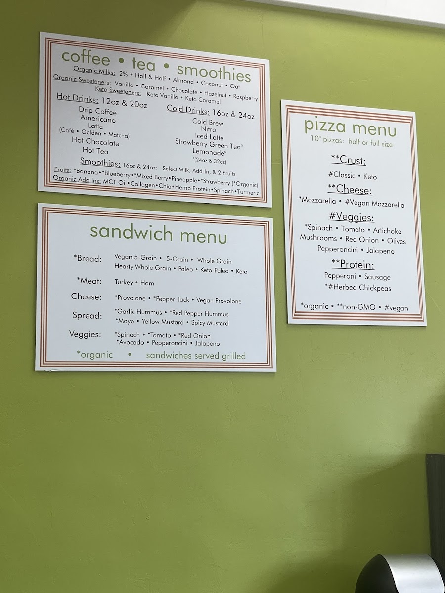 Drinks, Pizza, and Sandwhich menu