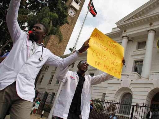 Doctors protest outside the Nairobi county offices yesterday, demanding to be paid seven months’ salary arrears / JACK OWUOR
