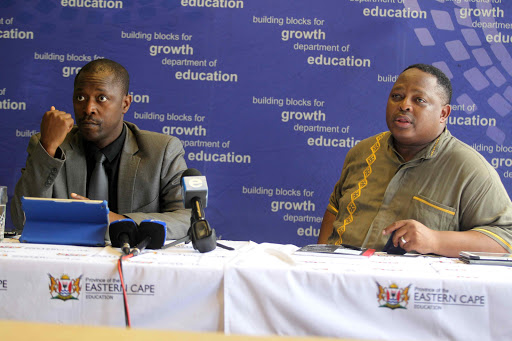 14 January 2015, Department of Basic Education spokesman Elijah Mhlanga and his Eastern Cape education colleague Loyiso Pulumani updating the media on the progress made relating to investigation into alleged cheating matrics at the Stirling Education Institute in East London yesterday PICTURE: MICHAEL PINYANA