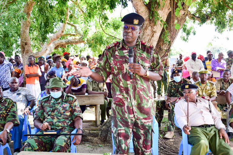 Coast regional commissioner John Elungata adresses IDPs at Kibaoni in Lamu West on Saturday.