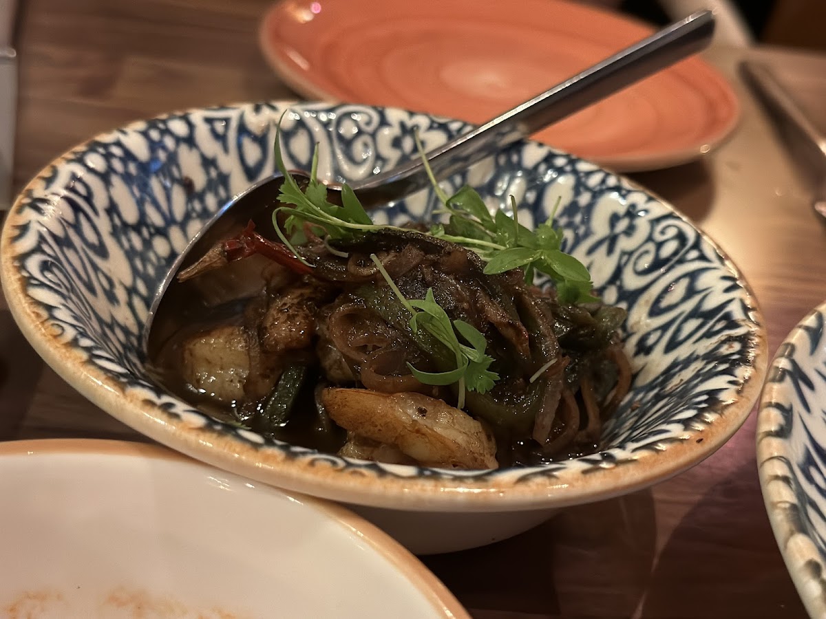 Shrimp with poblano and black garlic