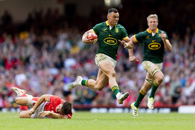 The last time the Springboks played Wales they ran rampant in Cardiff last year. Here Jesse Kriel is on the move with Pieter-Steph du Toit in support.