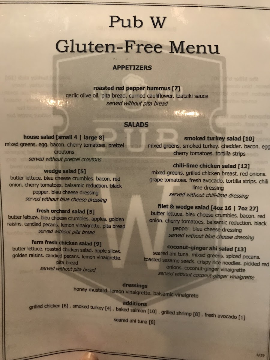 Pub W gluten-free menu