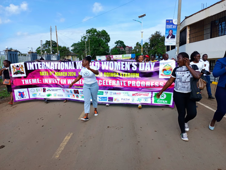 Some women in Homa Bay in a procession during this year's international women's day celebrations in Homa Bay town on March 6,2024