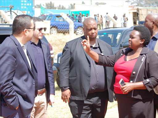 Uasin Gishu County’s Eunice Kerich (R) with CHAN 2018 LOC director, Herbert Mwachiro (2nd R) and Caf officials Mohamed Shawbury and Tarek El Deeb at Kip Keino Stadium./STANLEY MAGUT