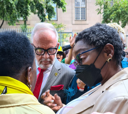 Bathabile Dlamini and Carl Niehaus are swamped by throngs of supporters outside the Johannesburg magistrate's court on Friday.