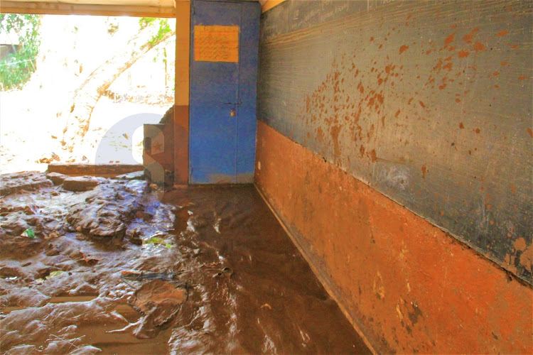 A classroom full of muddy water at Mathare North Primary School in Ruaraka Constituency after heavy rains caused flooding in Nairobi, May 3, 2024.