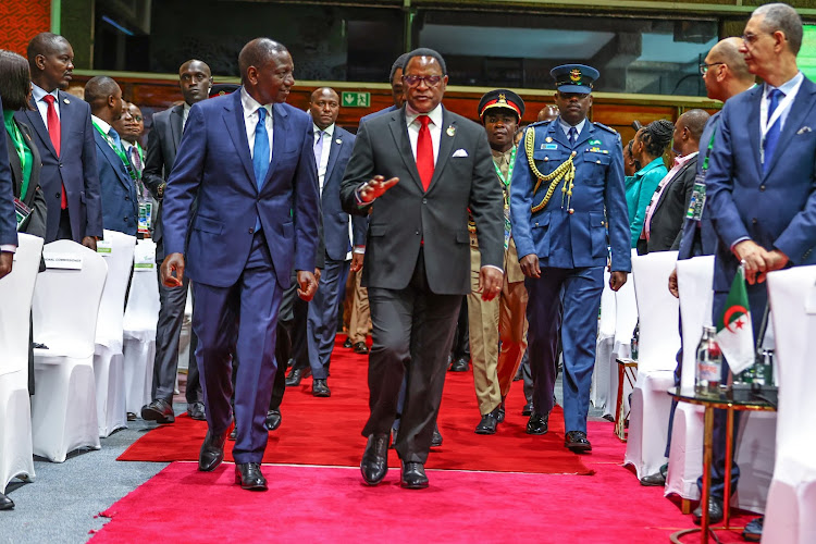 President William Ruto arrives for the Africa Fertiliser and Soil Health Summit at the Kenyatta International Convention Centre, Nairobi on May 9, 2024.