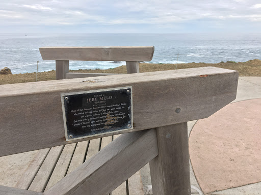 Not a plaque, exactly, but rather a modest plate on a park bench overlooking the Pacific in Fort Bragg. The text: Dedicated to Jere Melo (1941-2011) Mayor of Fort Bragg and long-time City Council...