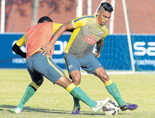 PRACTICE MAKES PERFECT: Clayton Daniels, right, was in the thick of the action during a Bafana Bafana training session in Johannesburg this week Picture: GALLO IMAGES