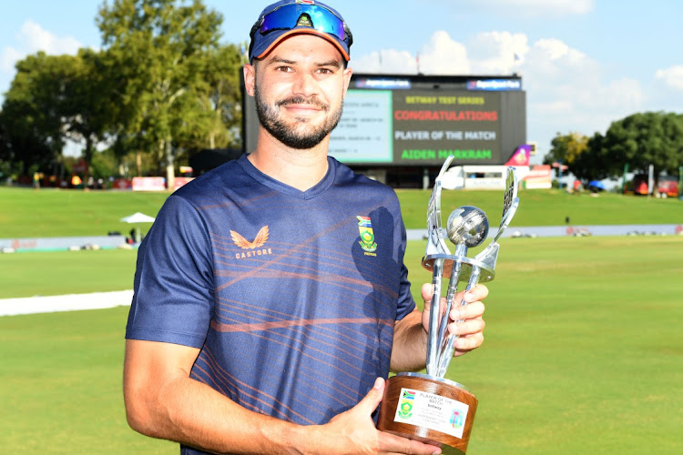 Aiden Markram with the man of the match trophy after the Proteas' beat the West Indies on day three of the first Test at SuperSport Park in Centurion on March 2 2023.