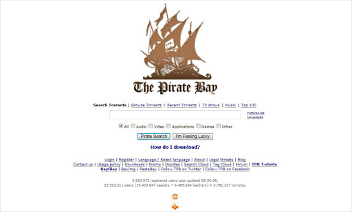 A screenshot of the Pirate Bay website