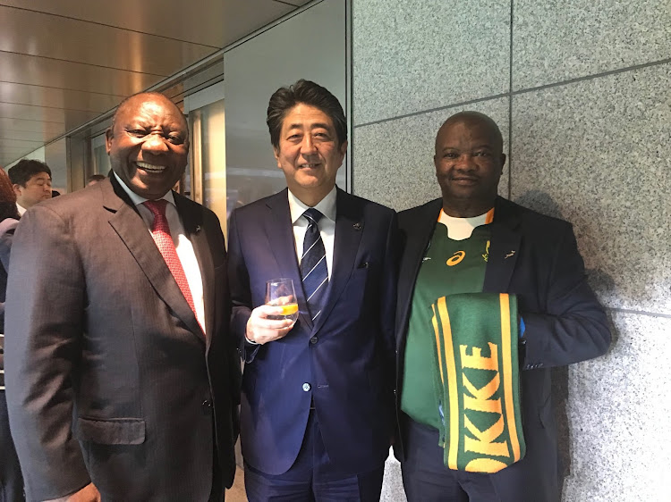 SA President Cyril Ramaphosa, Japan President Shinzō Abe and UDM leader Bantu Holimisa pose for a picture near the presidential suite at International Stadium Yokohama after attending Saturday's 2019 Rugby World Cup final in which the Springboks beat England 32-12.