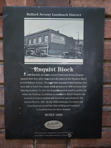 One of a series of historical markers placed on contributing buildings in Seattle's Ballard Avenue Historic District in 2007 by the Ballard Historical Society. Plaque text: In 1898 Swedish...