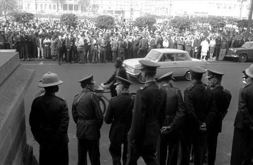 Crowds outside the court at the Rivonia Trial, which began in October 1963. The ANC used the case to attract international attention to its cause.