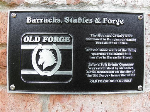The following text is included, "The Mounted Cavalry were stationed in Dungannon dating back as 1850's. The old stone walls of the living quarters and stables still survive in Barrack Street....