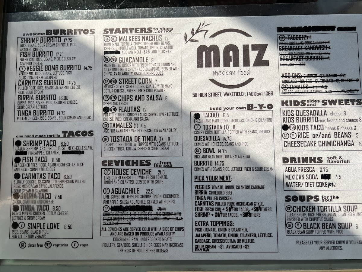 Maiz gluten-free menu
