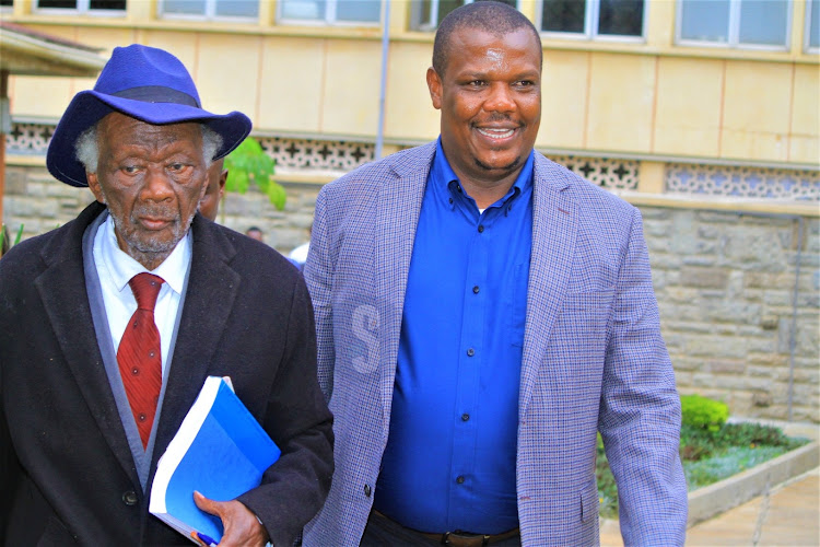 Lawyer John Khaminwa with his client Bumula Mp Jack Wamboka arrive in parliament for the pre-trial of the Mithika Linturi impeachment hearings on May.7th.2024/EZEKIEL AMINGÁ
