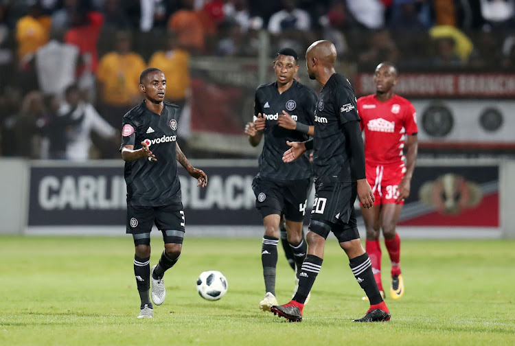 Thembinkosi Lorch of Orlando Pirates celebrates goal with teammates during the Absa Premiership 2018/19 match between Highlands Park and Orlando Pirates at the Makhulong Stadium, Tembisa on 08 January 2019.