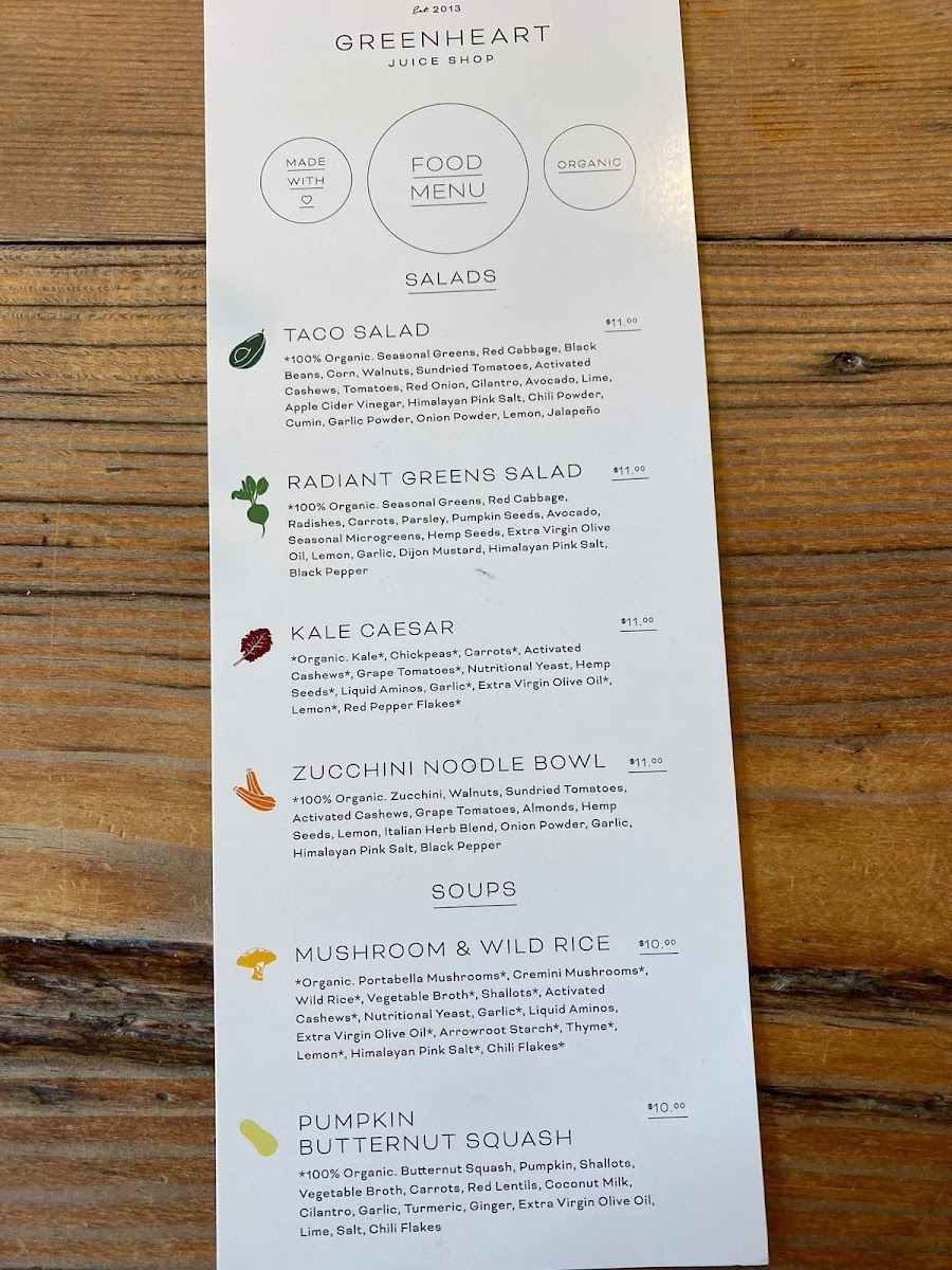 Greenheart Juice Shop gluten-free menu