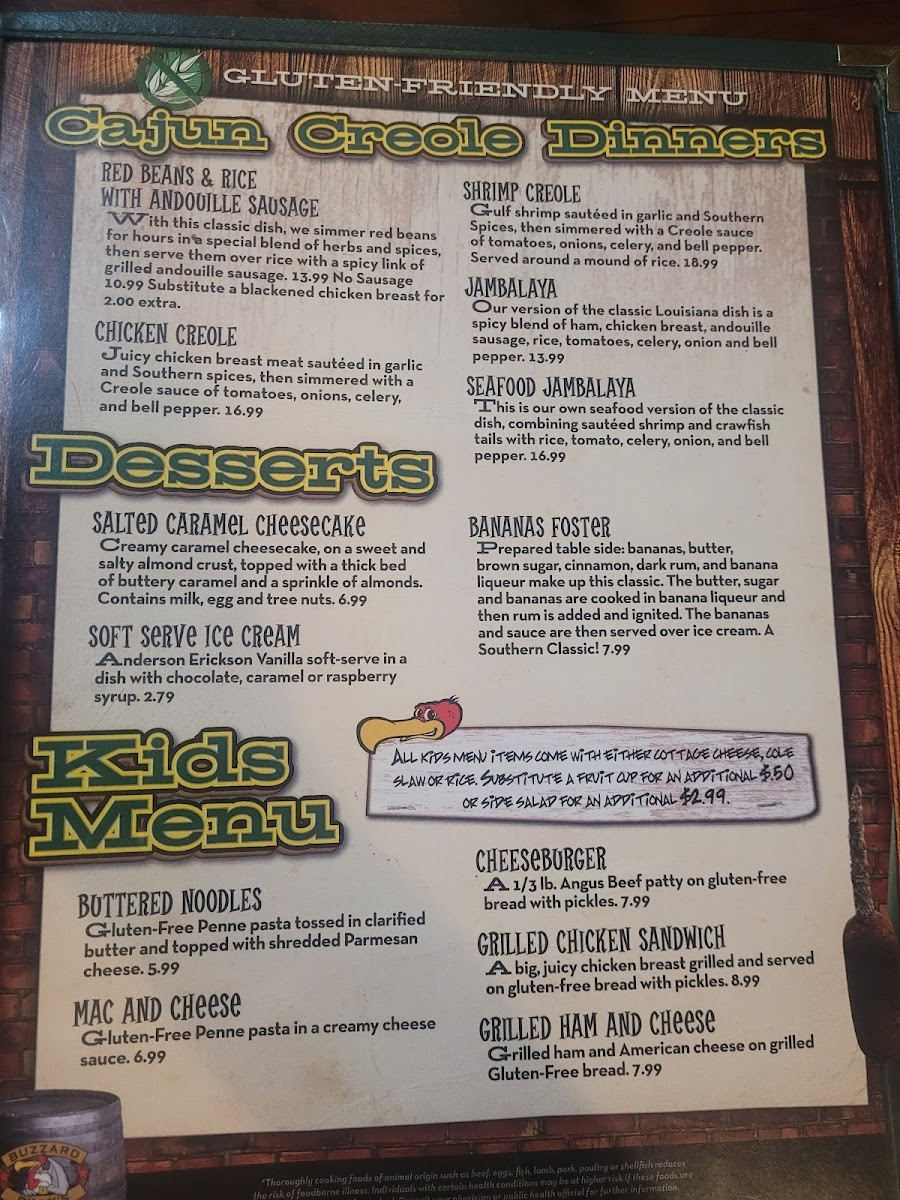 Buzzard Billy's gluten-free menu