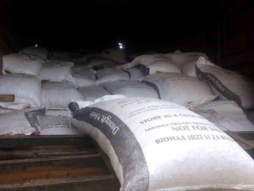 Animal feeds being offloaded at Konyao centre.
