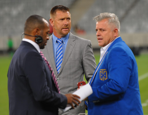 Cape Town City owner John Comitis (R) and head coach Eric Tinkler during the Absa Premiership match against Ajax Cape Town at Cape Town Stadium on September 23, 2016 in Cape Town, South Africa.