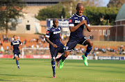 Phumlani Ntshangase celebrating his goal with Sfiso Hlanti during the Absa Premiership match between Bidvest Wits and Maritzburg United at Bidvest Stadium on May 07, 2017 in Johannesburg, South Africa.