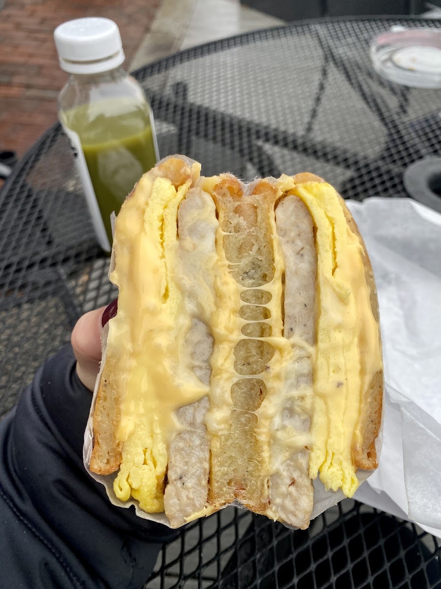 The Thunderbird: gf yuca bread, cheese, egg, hot honey, chicken sausage