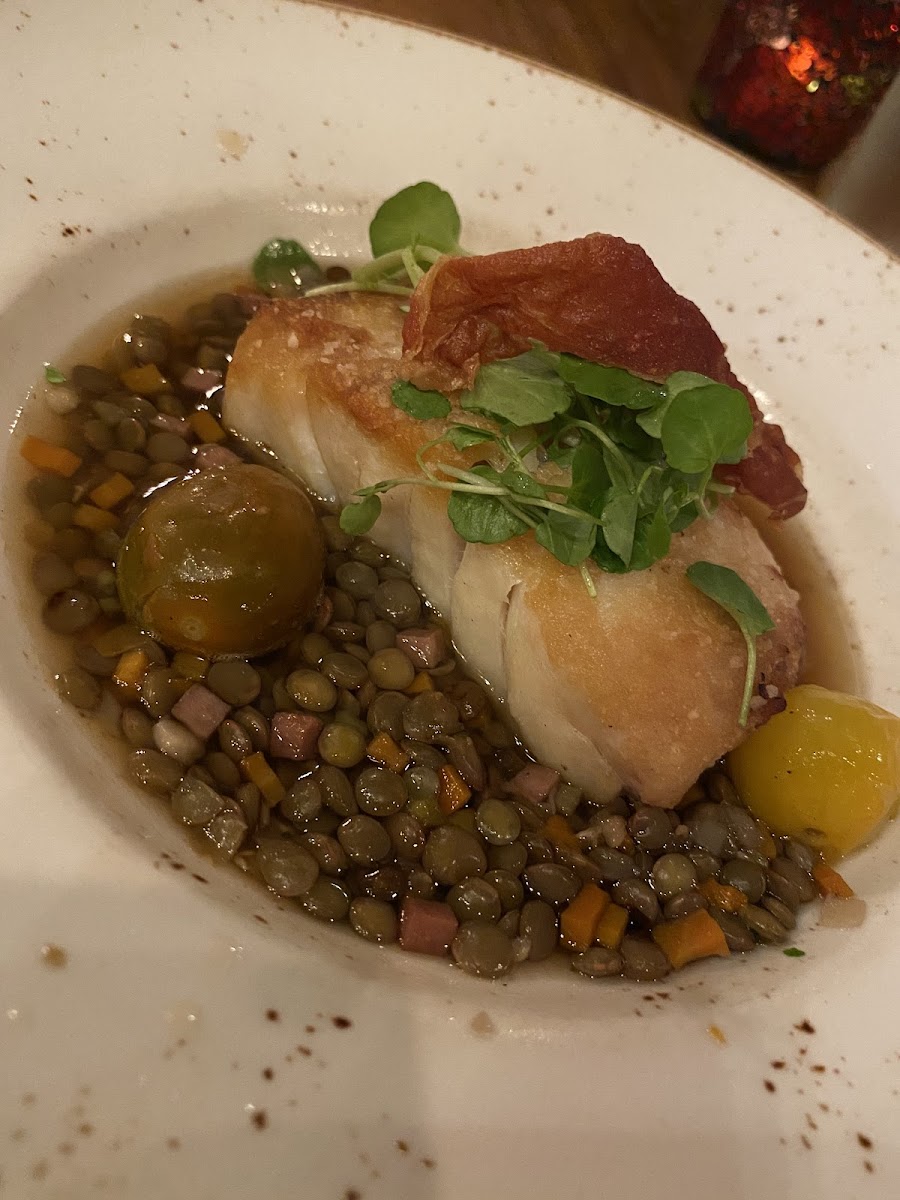 Grouper with green lentil pilaf