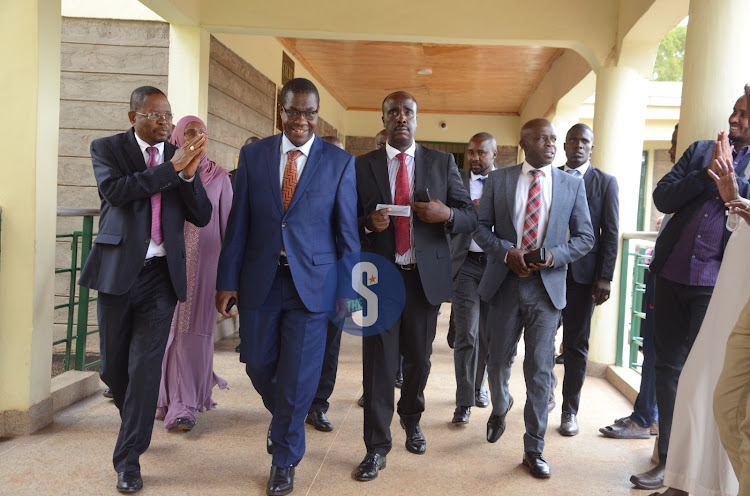 Senator Stewart Madzayo, Minority leader James Opiyo Wandayi, Lawyer Danstan Omari and Richard Ken Chonga after the release of some Azimio politicians who were charged with taking part in an unlawful assembly and malicious damage to property at Kahawa Law Courts on March 23, 2023.