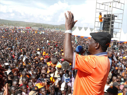 ODM leader Raila Odinga addresses a rally in Kirembe grounds, Kisumu county on October 1, 2016. He received three MPs who had decamped from ODM following the 2013 primaries. /MAURICE ALAL