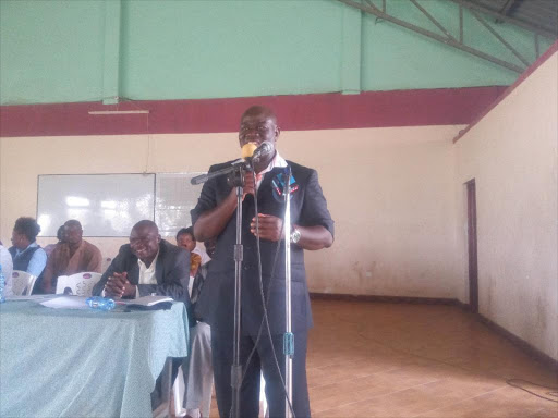 Bumula MP Boniface Otsiula speaking during the public participation exercise in Khasoko.PHOTOS JOHN NALIANYA