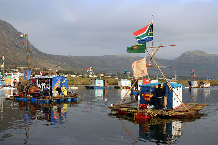 Rafts on Sandvlei during the Kon-Tiki Scout Adventure at Lakeside in Cape Town.