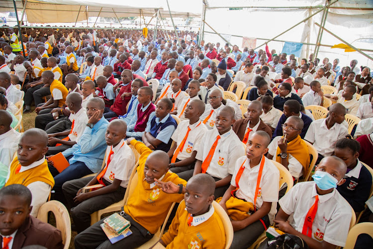 Some of the 7,000 students who gathered during the Kiambu County Annual Prayer Rally held at the Thika High Grounds on March 10,2024.