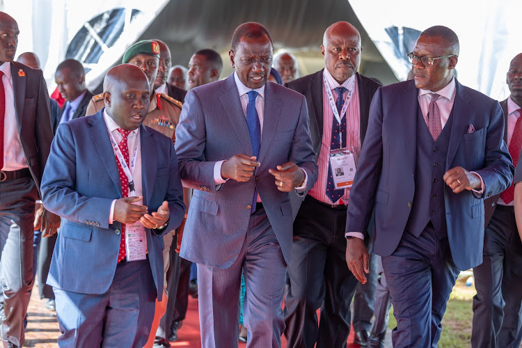 President William Ruto with ICT CS Eliud Owalo during the opening of the Connected Africa Summit at Uhuru Gardens in Nairobi on April 22, 2024.