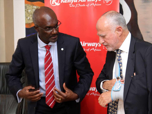 Former Kenya Airways chief executive Mbuvi Nguze with chairman Michael Joseph at an investors’ briefing in Nairobi on May 25 /ENOS TECHE