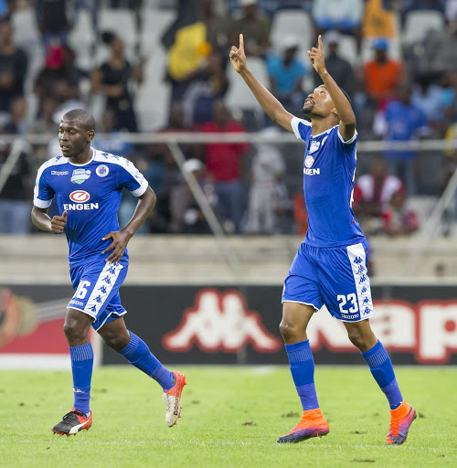 Thabo Mnyamane of Supersport Unitedscores the first goal during the Telkom Knockout Semi Final match between SuperSport United and Orlando Pirates at Mbombela Stadium on November 26, 2016 in Nelspruit, South Africa.