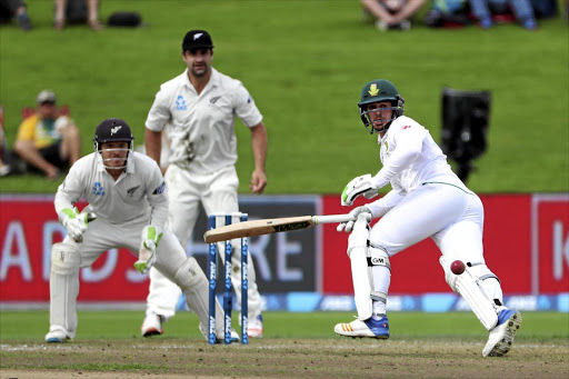 Quinton de Kock chases runs on day two of the third Test between New Zealand and South Africa at Seddon Park in Hamilton.