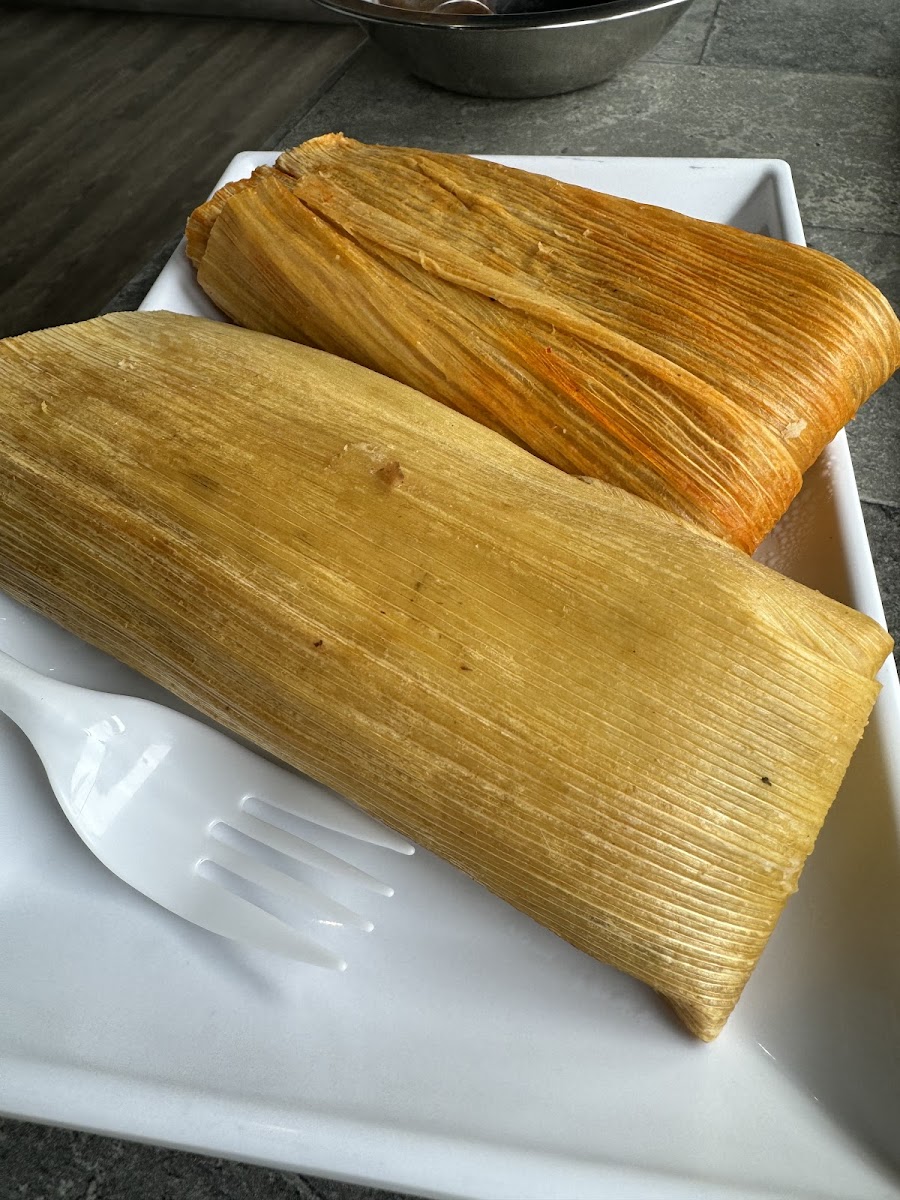 Chicken in salsa verde & pork salsa roja tamales