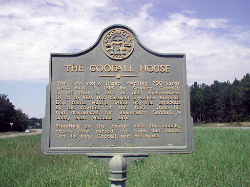 The two story frame dwelling 200 yards west, built in 1815 by Seaborn Goodall, is all that is left of old Jacksonboro. In it, in 1821, the itinerant preacher Lorenzo Dow found refuge when he was...