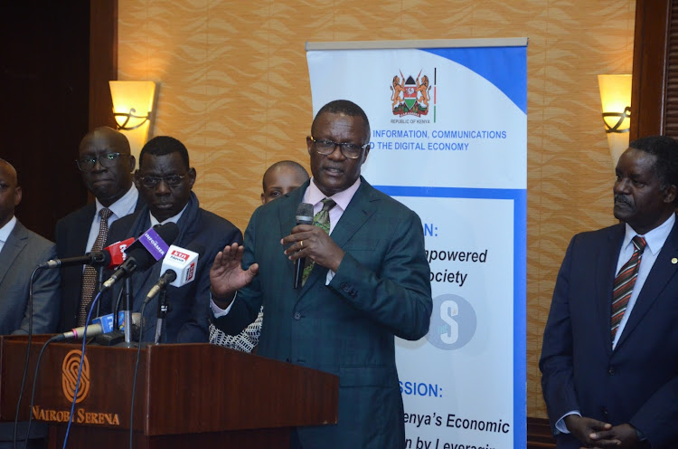 Information, Communications and the Digital Economy Cabinet Secretary Eliud Owalo speaking while inaugurating the Information Communication and Digital Economy Sector Working Group on Policy and Legislative Reforms at the Serena hotel in Nairobi on September 8, 2023.