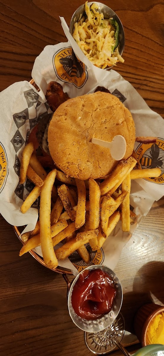 Burger with gf bun, fries from separate fryer.