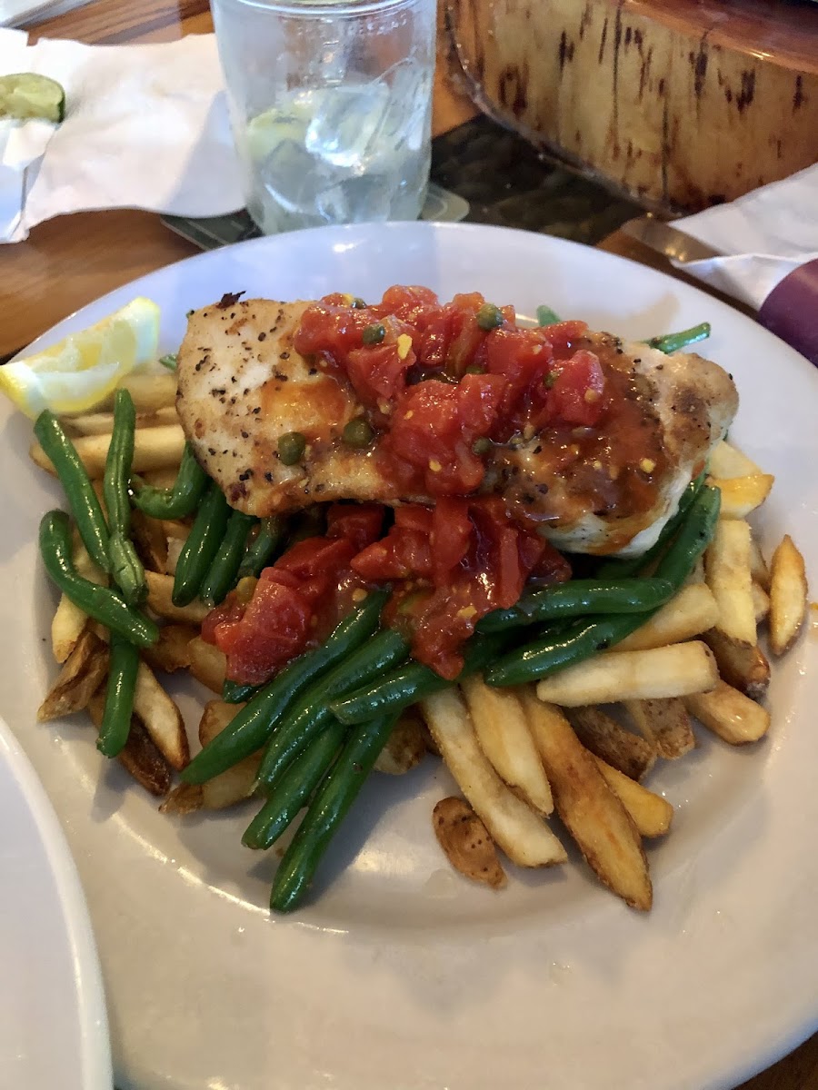Grilled halibut, green beans, fries